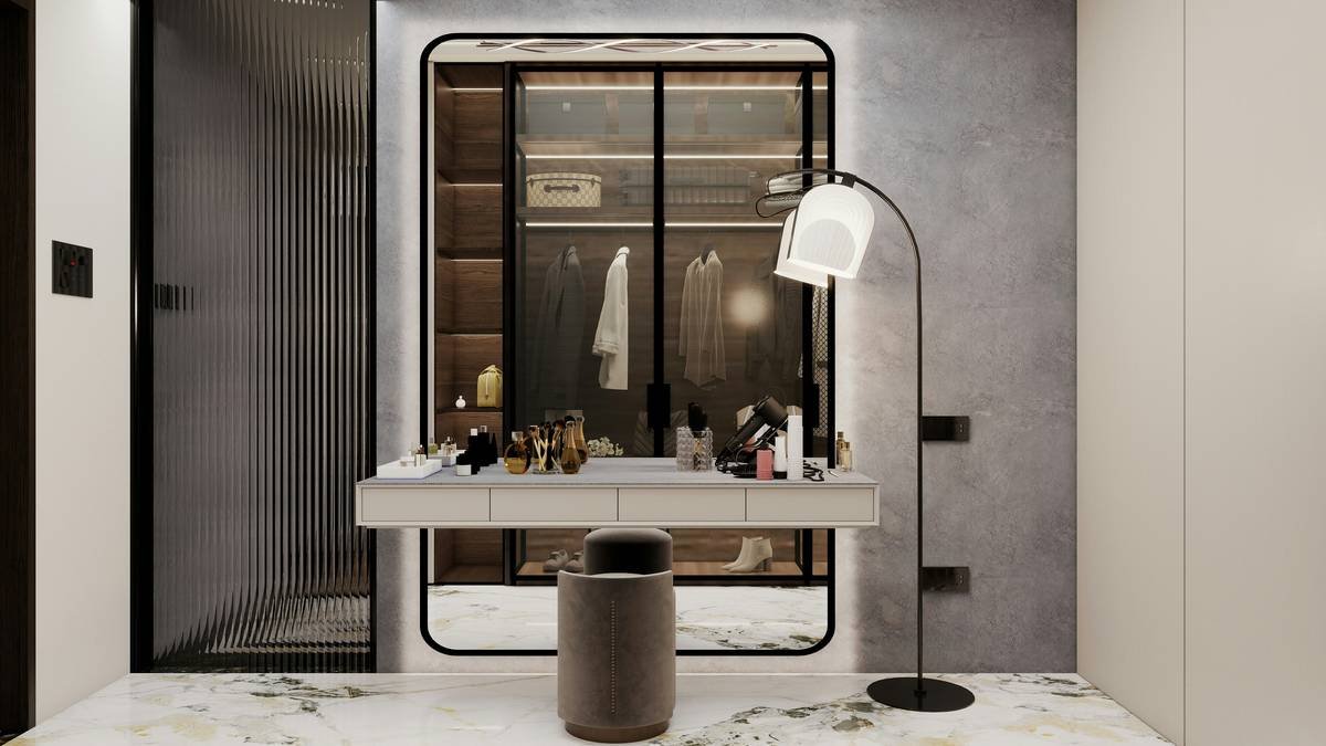 Infographic showing ideal vanity setup: 5000K lighting, 36-inch height, 18-inch depth, and arm-mounted mirror for adjustable angles