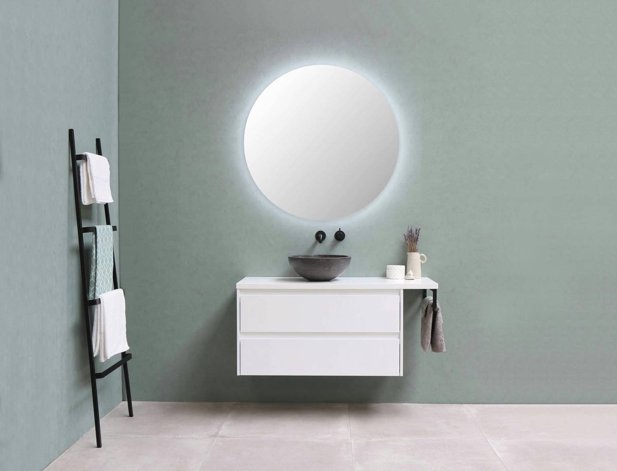 Side-by-side comparison: cluttered bathroom counter vs. organized decorative vanity with LED mirror, labeled zones, and ergonomic stool