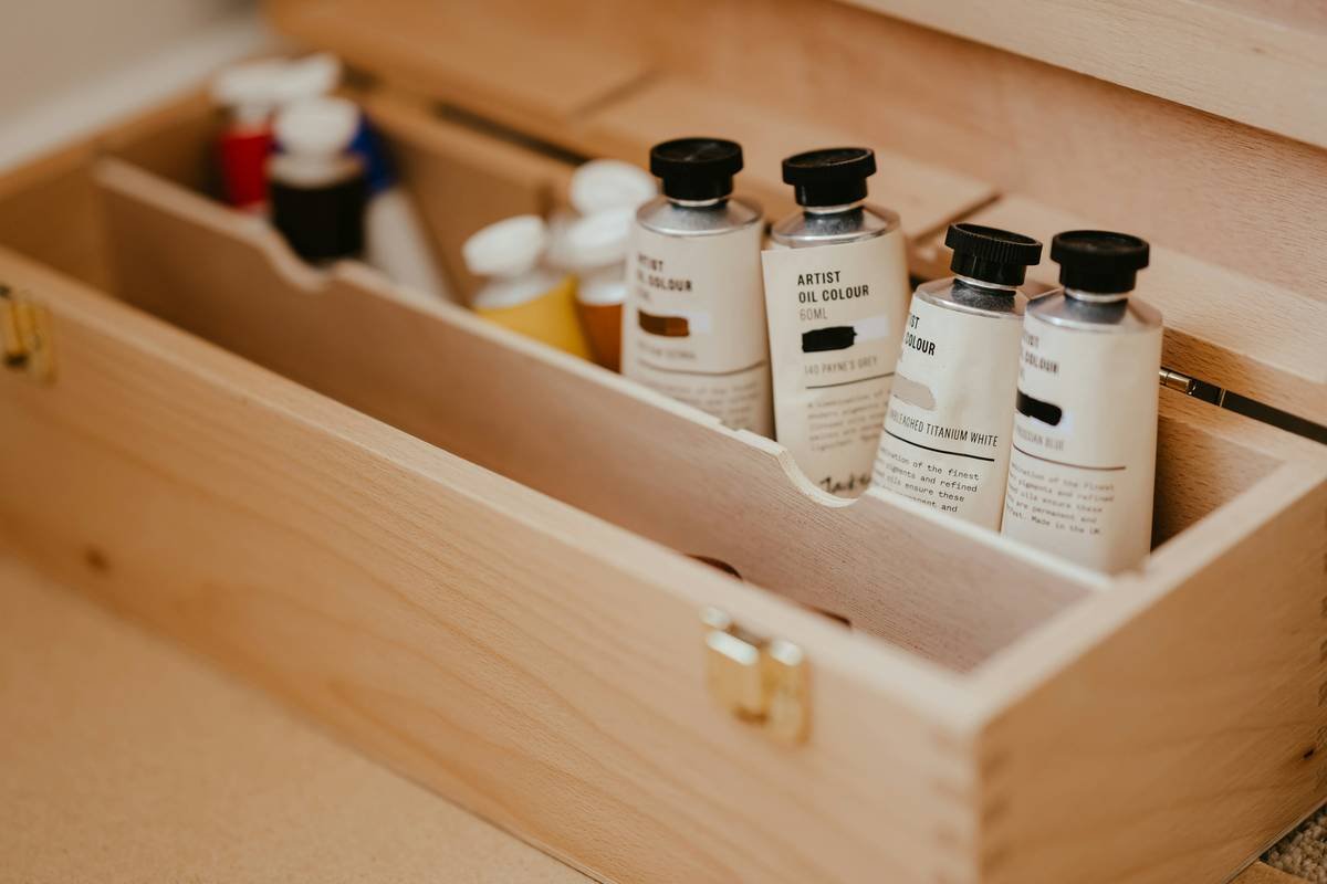 Close-up of beauty console with organized brush holders and skincare organizer